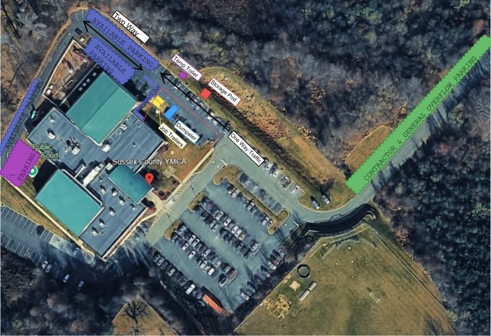 Aerial map of the temporary traffic pattern and parking areas at the Sussex County YMCA